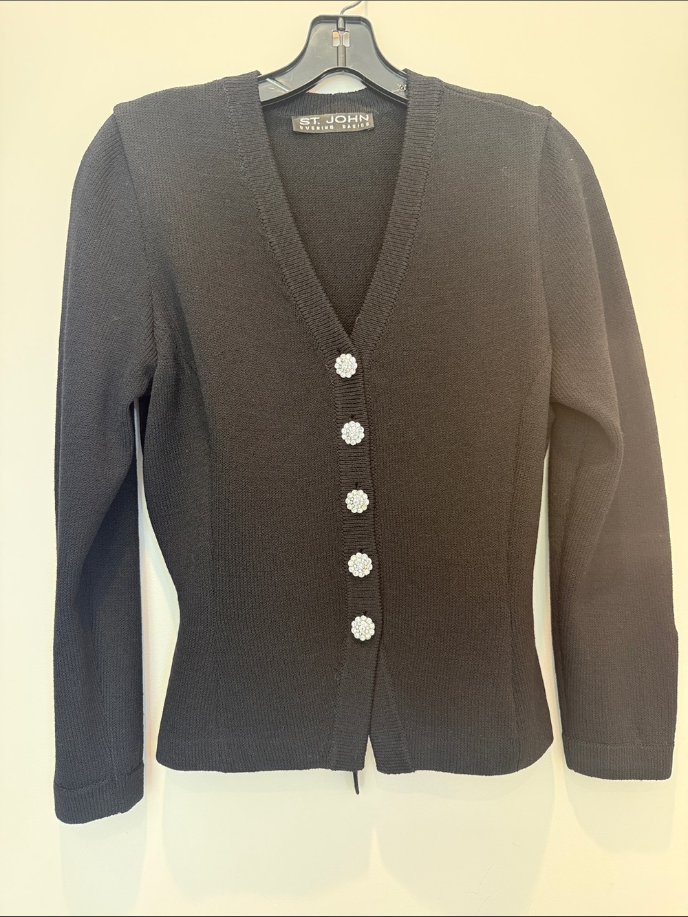 St. John Black V-Neck Sweater with Decorative Crystal Buttons